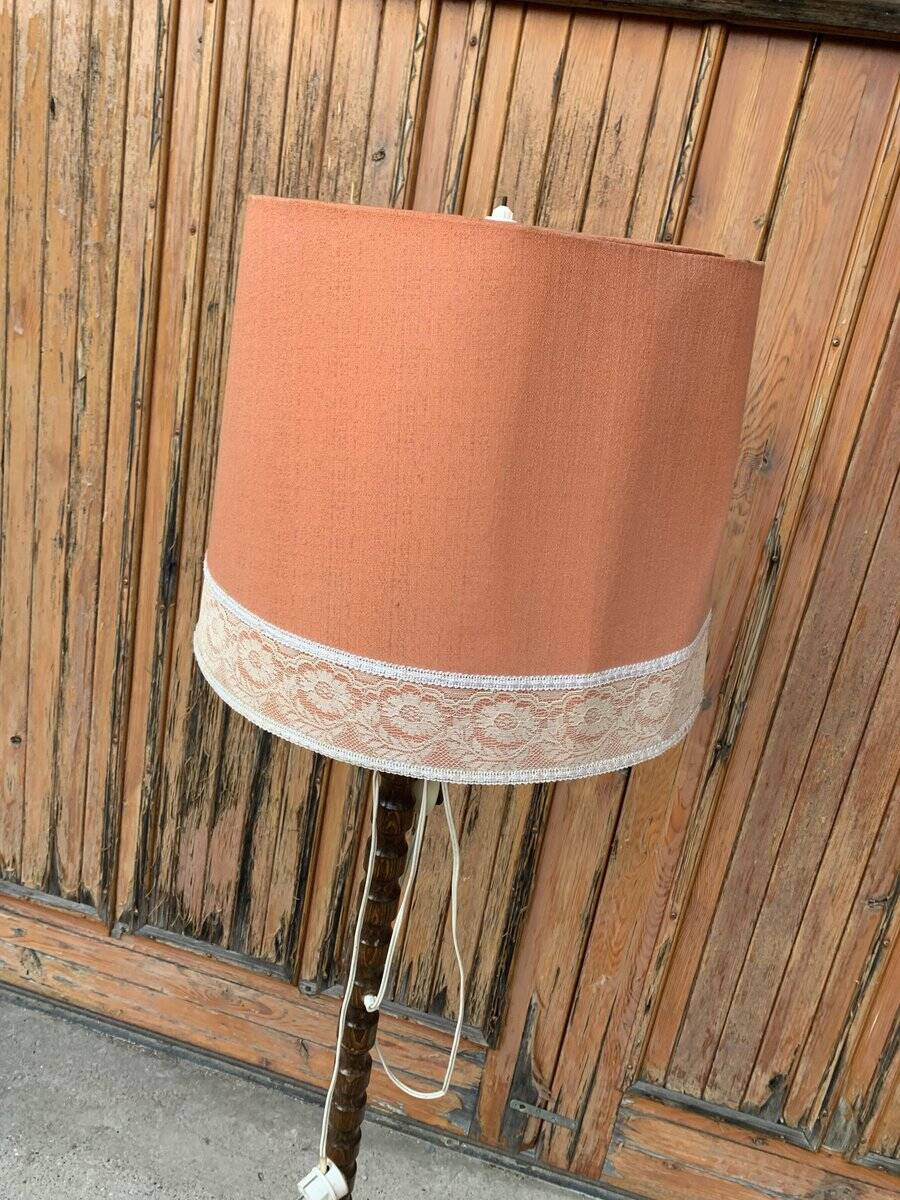 Mid-century coral and wood floor lamp - coral fabric shade from the 1950s.