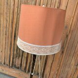 Mid-century coral and wood floor lamp - coral fabric shade from the 1950s.