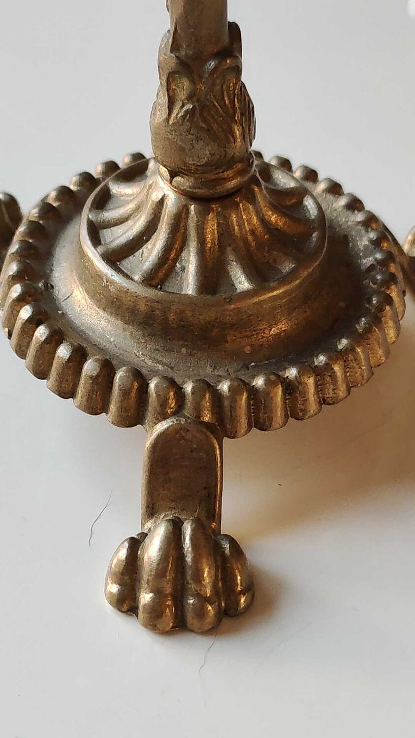 Ancient Menorah of Jerusalem/Jewish Candlestick with 7 tripod branches. Star David. In gilded bronze