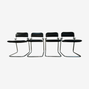 Set of 4 chairs black vintage chrome and leatherette