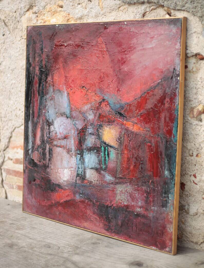 Oil on canvas signed Monique Humbert, abstract composition, wall painting, interior decoration.