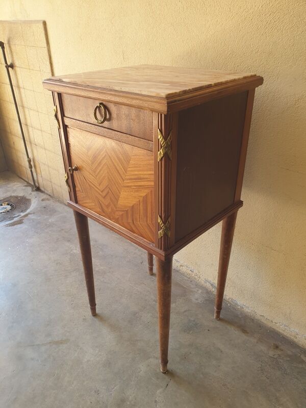 Louis XVI-style wooden veneer bedside table, marble top