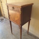 Louis XVI-style wooden veneer bedside table, marble top