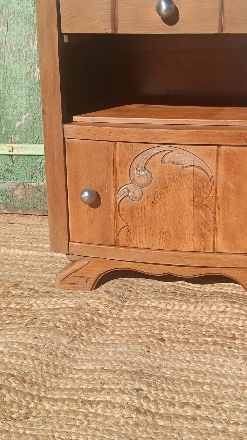 Antique bedside table in solid oak with a marble top.