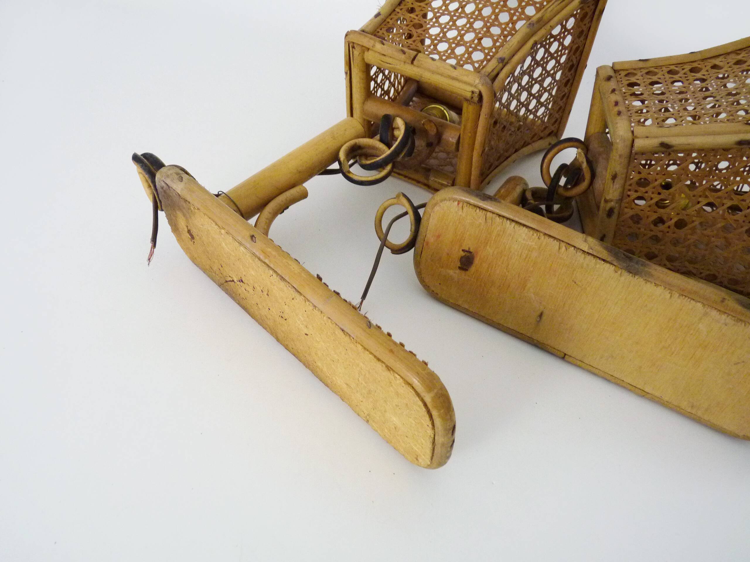 Pair of rattan and cane lantern wall lights. 1950s-1960s