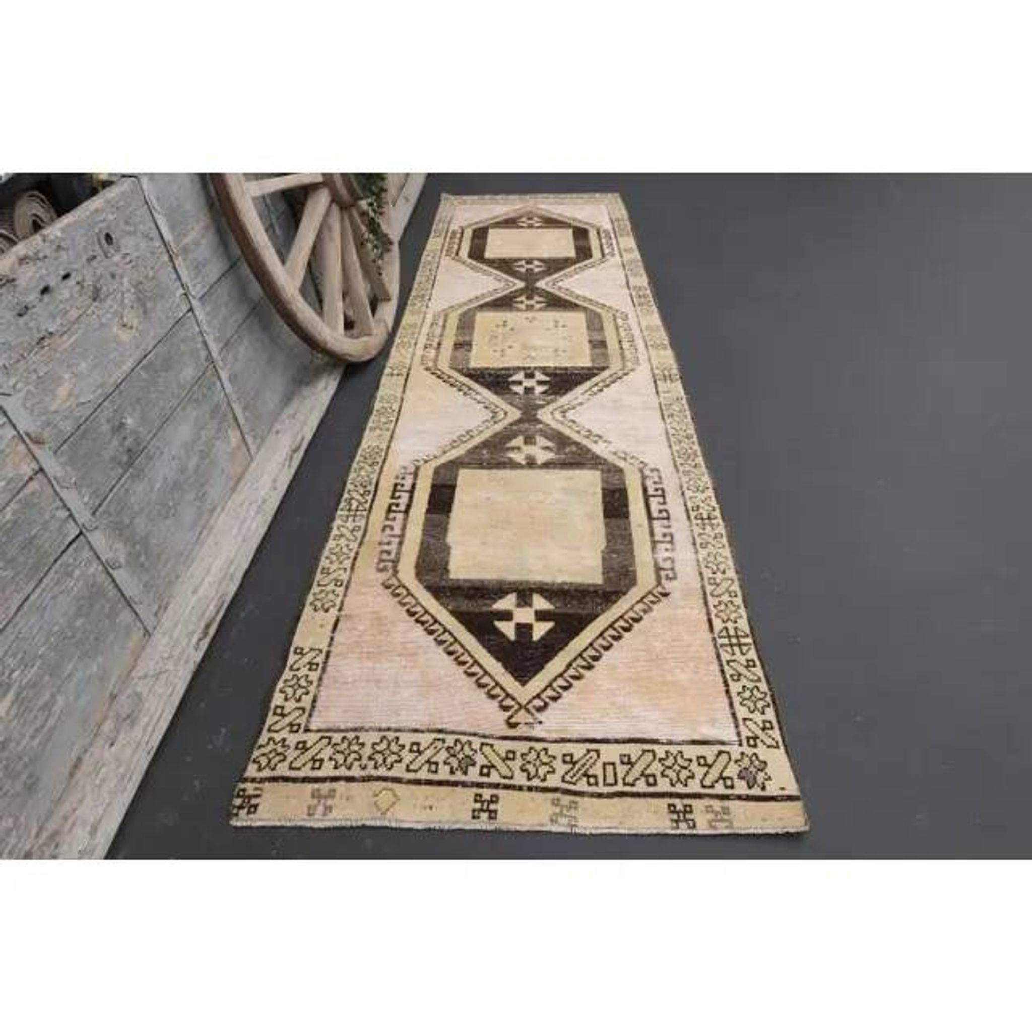 1970s Vintage Turkish Hand-Knotted Wool Cotton Beige Runner Rug  103x374