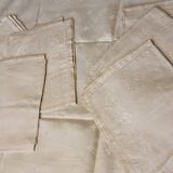 Ancienne nappe lin damassée beige 160 × 180 cm + 12 serviettes
