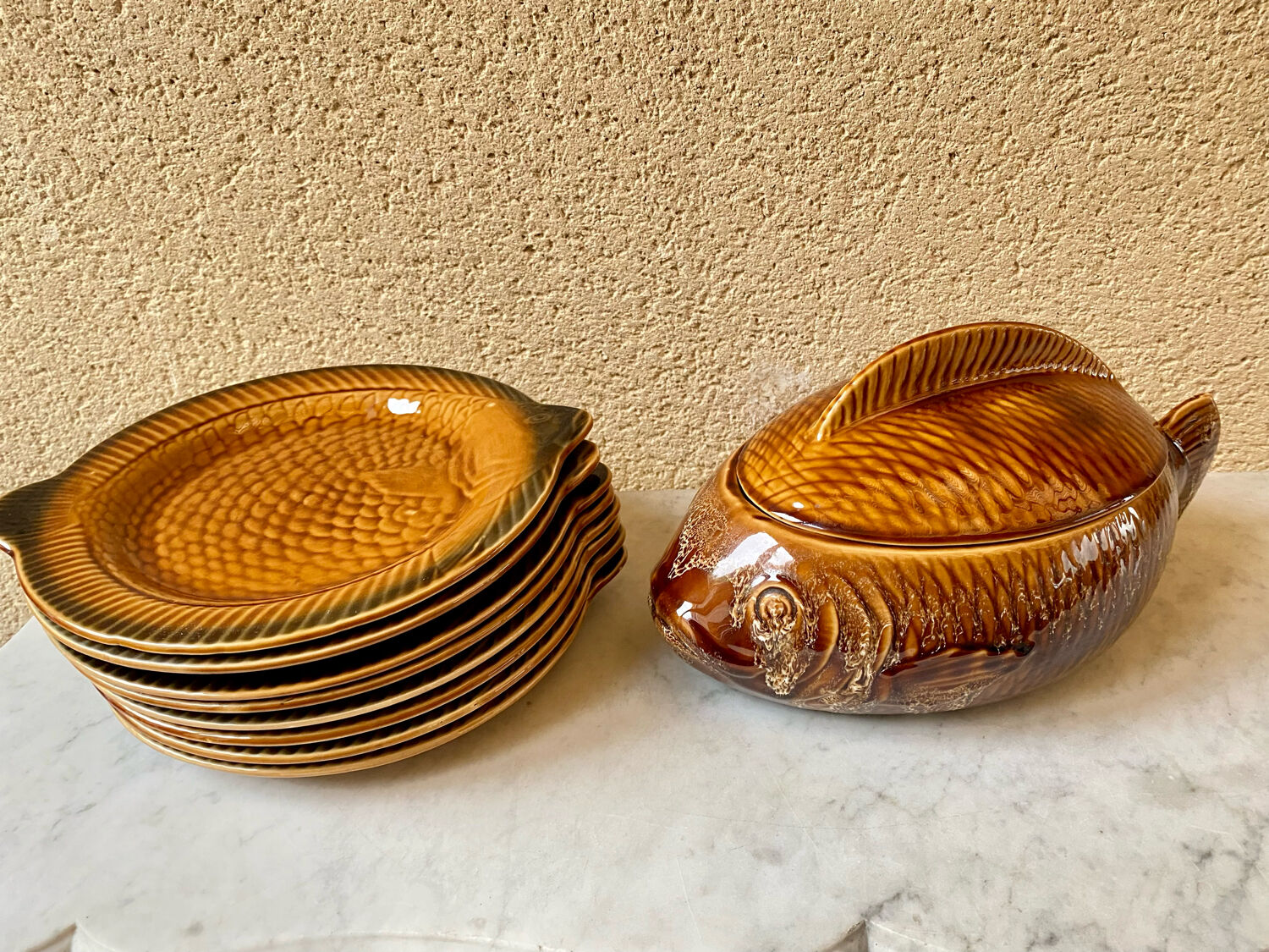 Fish service 8 plates and ceramic soup slurry Sarreguemines vintage 60
