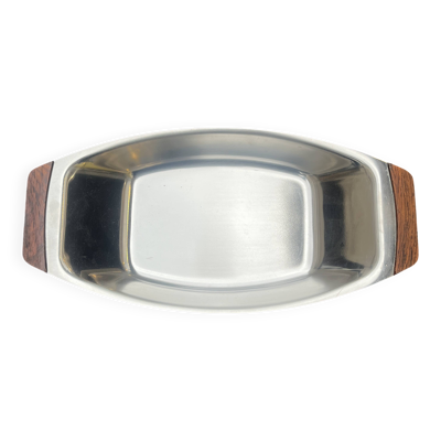 Grand plat rectangulaire en inox et teck Braun & Kemmler West Germany 1970