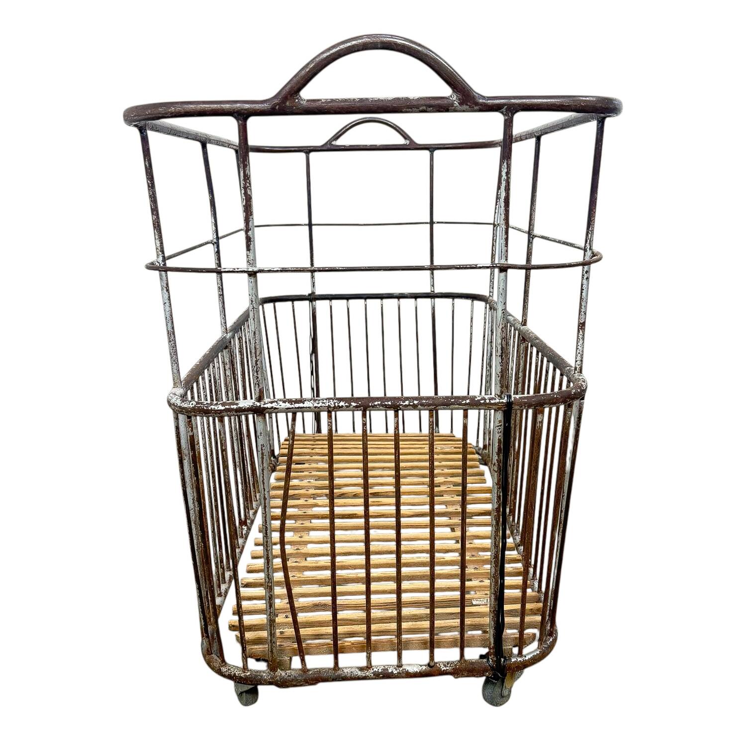 Vintage French Metal Bakery Cart long– Industrial Bread Trolley – Rolling L