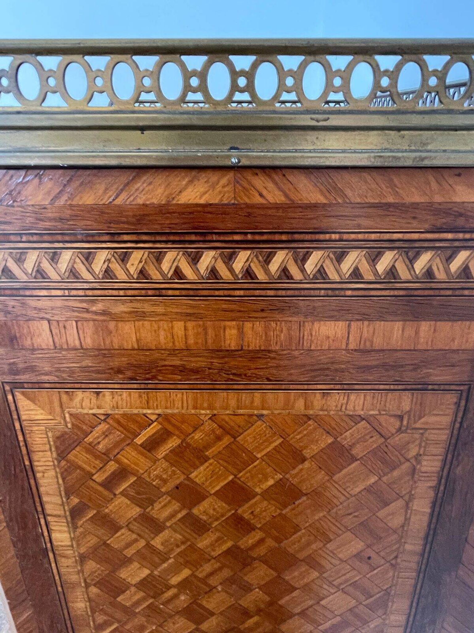 Louis XVI music cabinet, marquetry, brass gallery, marble top