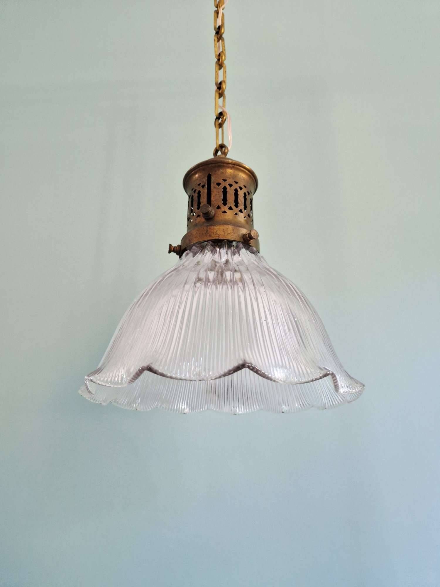 Large Holophane pendant light in clear ribbed glass, 1920-30.