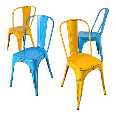 4 chaises Tolix jaune et bleu, années 60