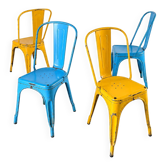 4 chaises Tolix jaune et bleu, années 60