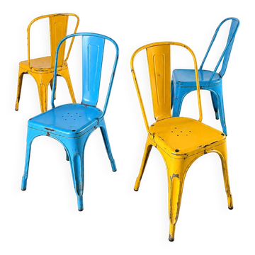 Set of 4 Tolix chairs, 2 yellow, 2 blue. 1960s edition.
