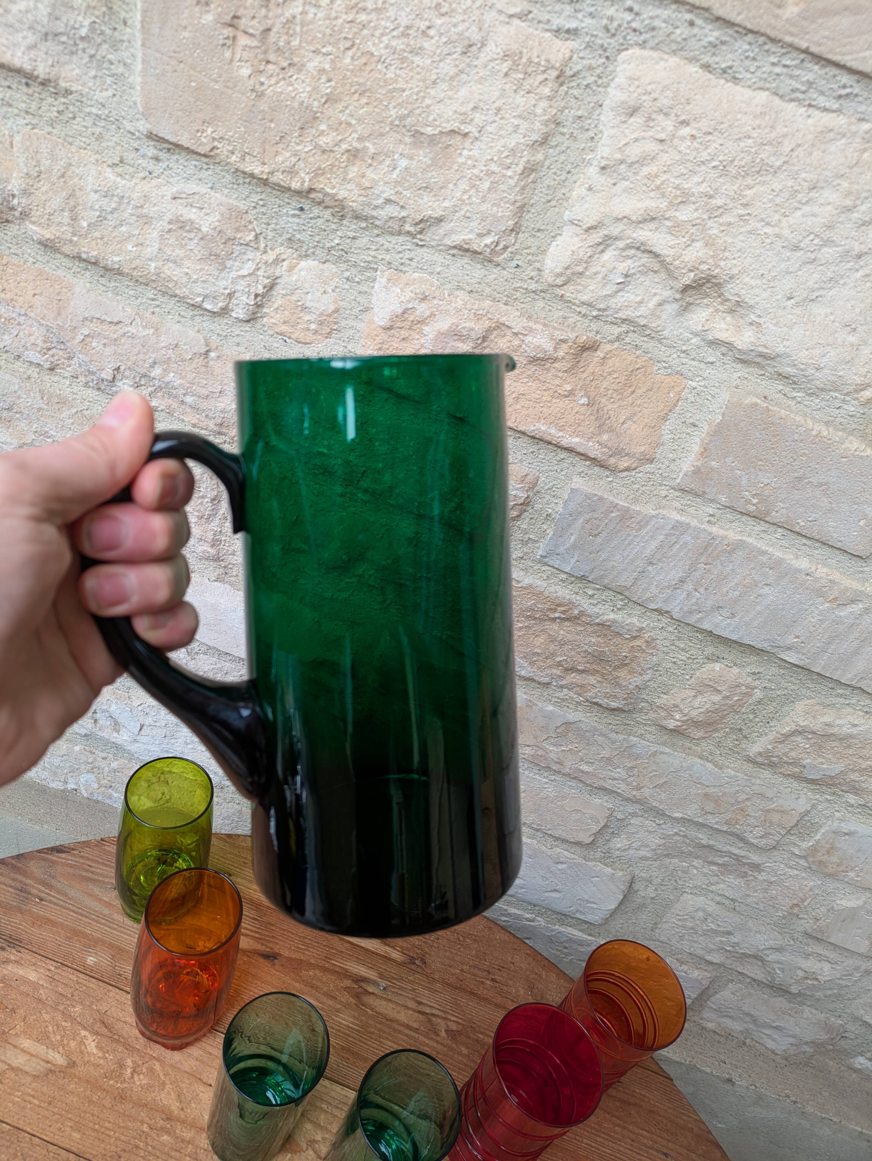 Mismatched colored glass orangeade set with pitcher and 6 glasses