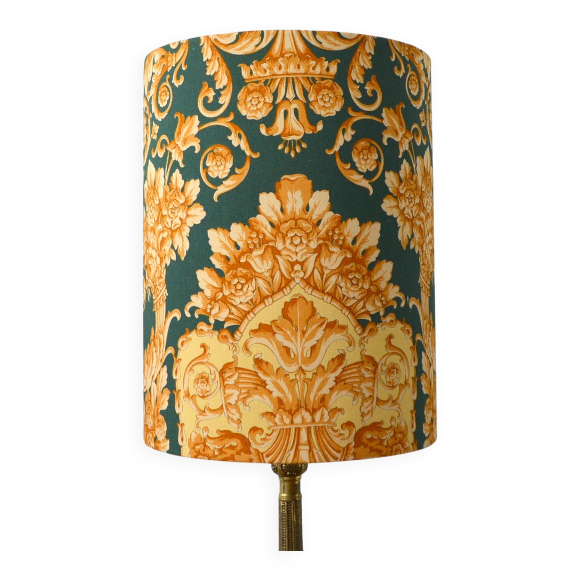 Fabric lampshade with baroque pattern, antique gold leaf design.