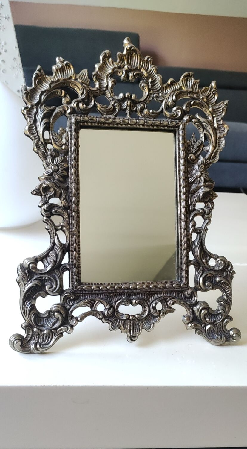Antique/Rocaille/Louis XV Style Table Mirror. In silver-plated bronze