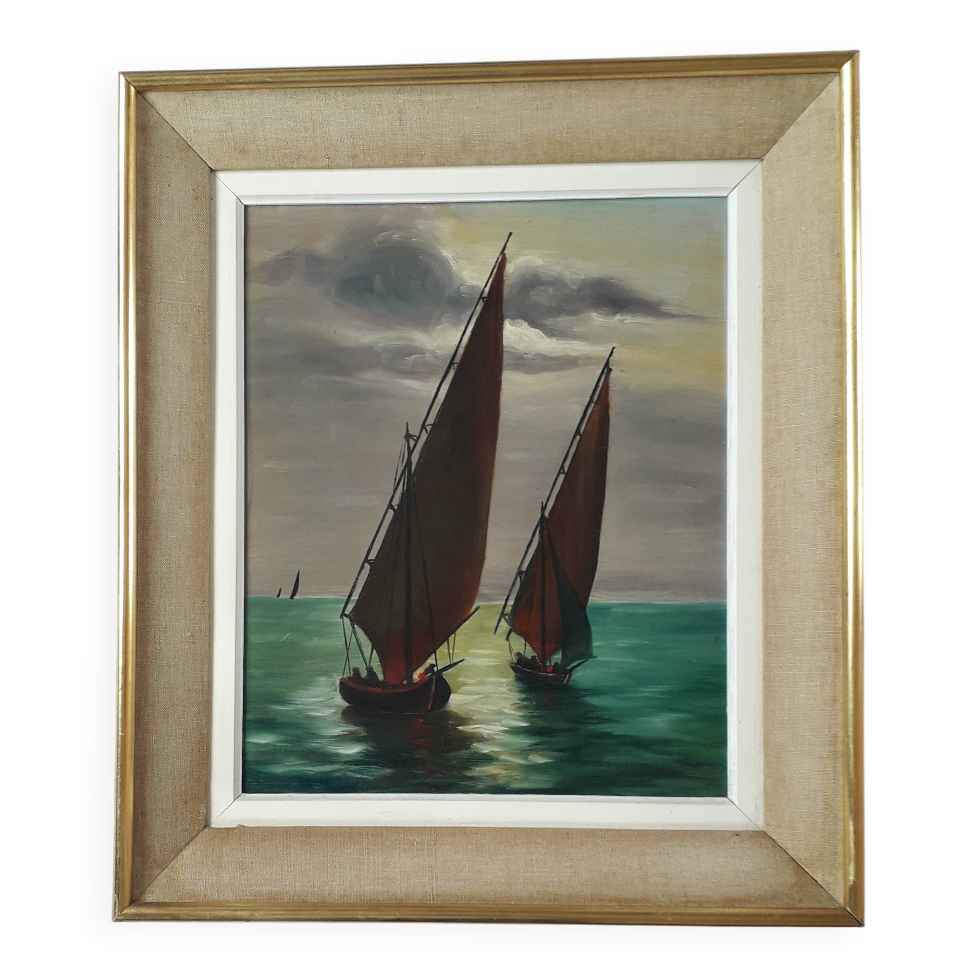 Antique oil painting depicting a marine scene.