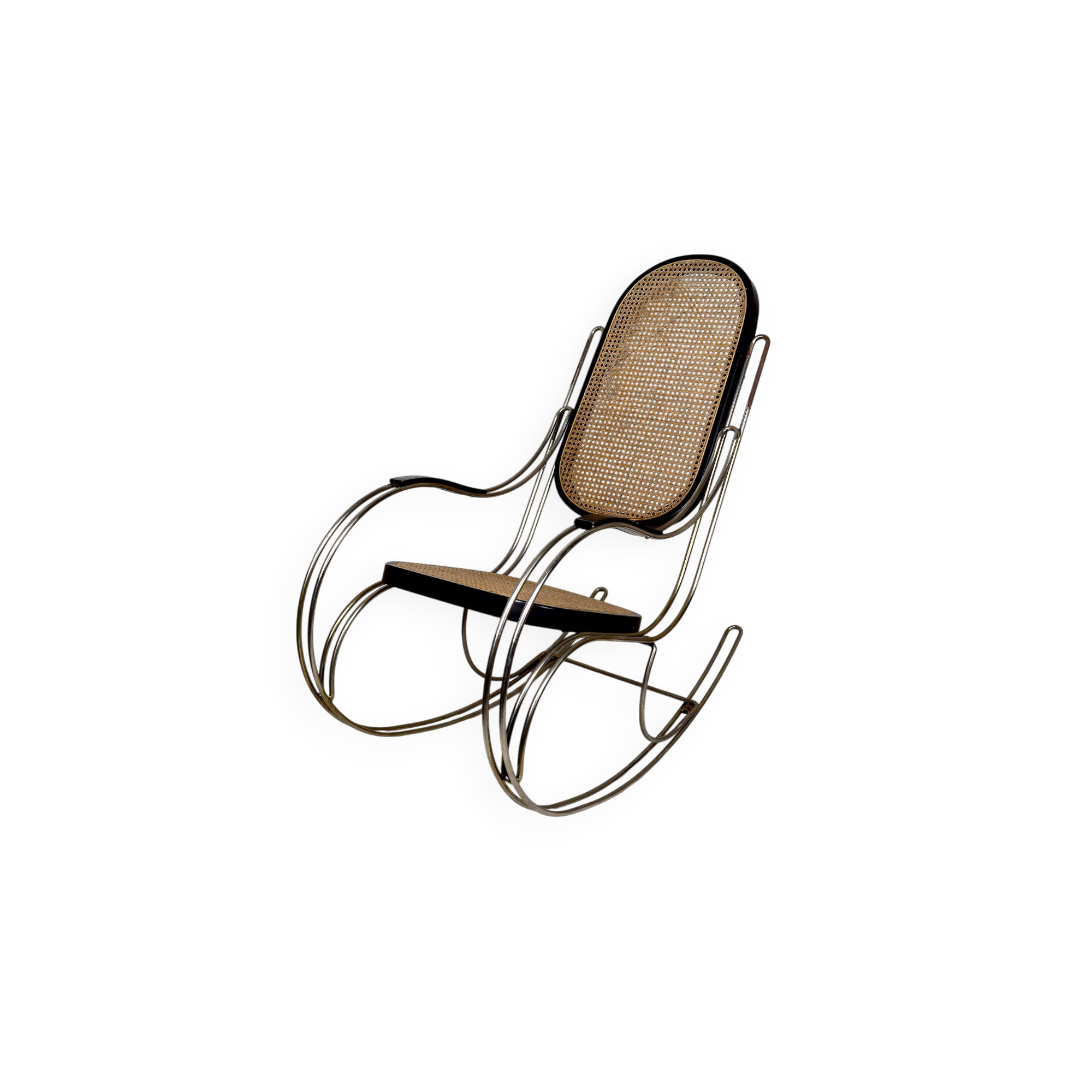 Modernist Rocking Chair in Blackened Wood, Canework and Chrome Frame, 1960-70