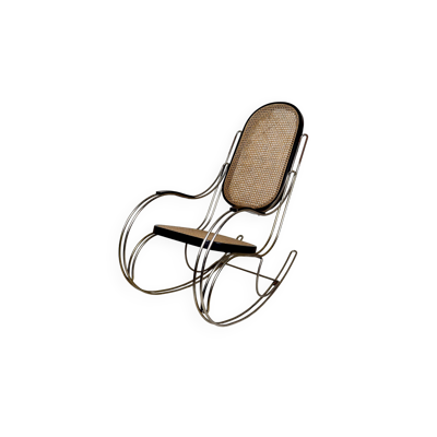 Rocking Chair Moderniste Bois Noirci, Cannage et Structure Chromée, 1960-70