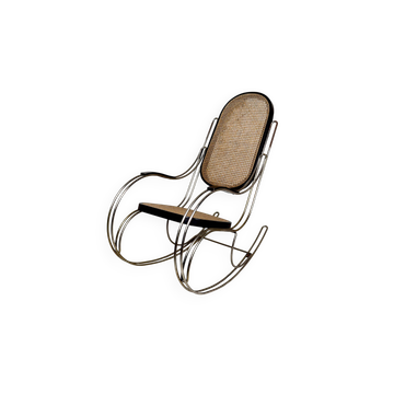 Rocking Chair Moderniste Bois Noirci, Cannage et Structure Chromée, 1960-70