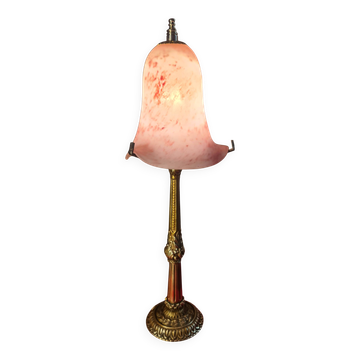 bronze and brass lamp with a pink speckled glass shade 43x14 electric ref