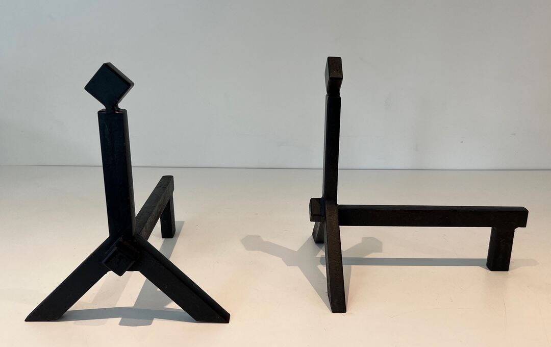 Pair of Modernist Black Iron Andirons with Diamond Finials and Angled Bases