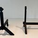 Pair of Modernist Black Iron Andirons with Diamond Finials and Angled Bases