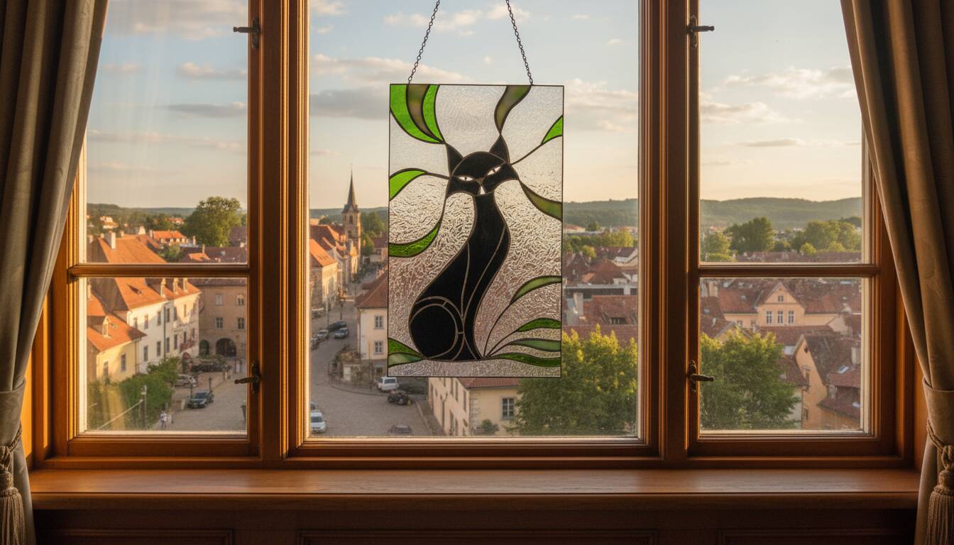 Vitrail chat – Style Tiffany fait main, panneau décoratif mural