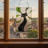 Vitrail chat – Style Tiffany fait main, panneau décoratif mural