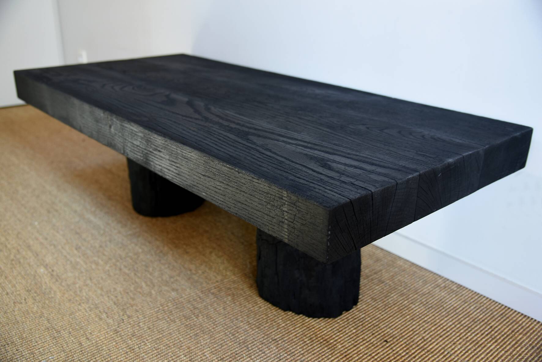 Log coffee table with burnt wood finish, shou-sugi-ban
