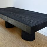 Log coffee table with burnt wood finish, shou-sugi-ban