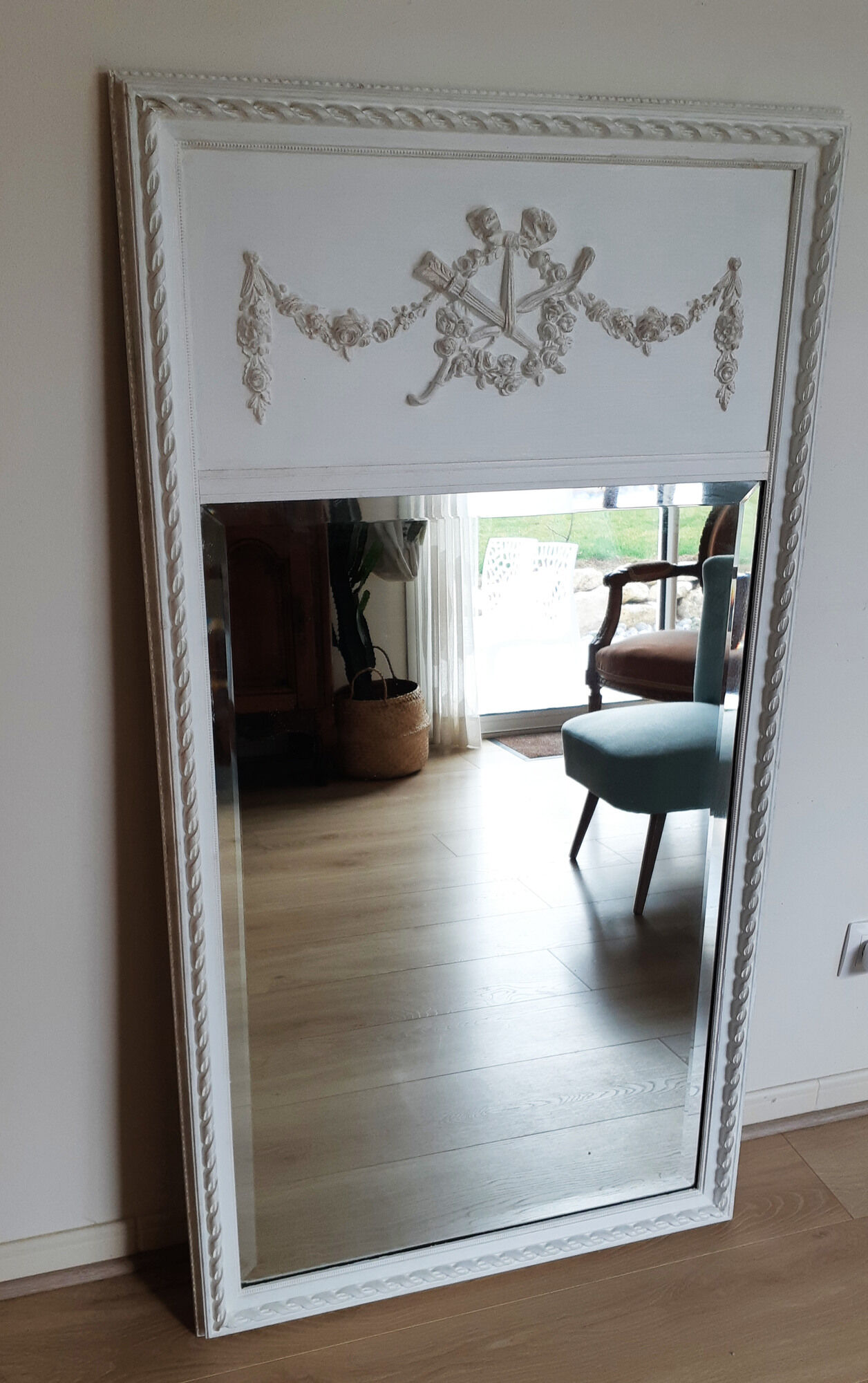 Patinated trumeau mirror Louis XVI style