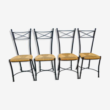 Lot de 4 chaises en fer forgé et paillage