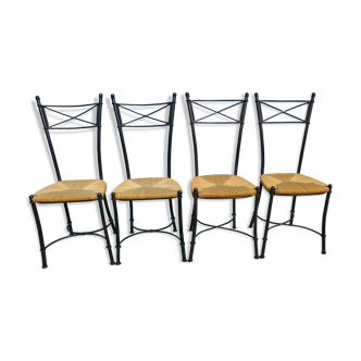 Lot de 4 chaises en fer forgé et paillage