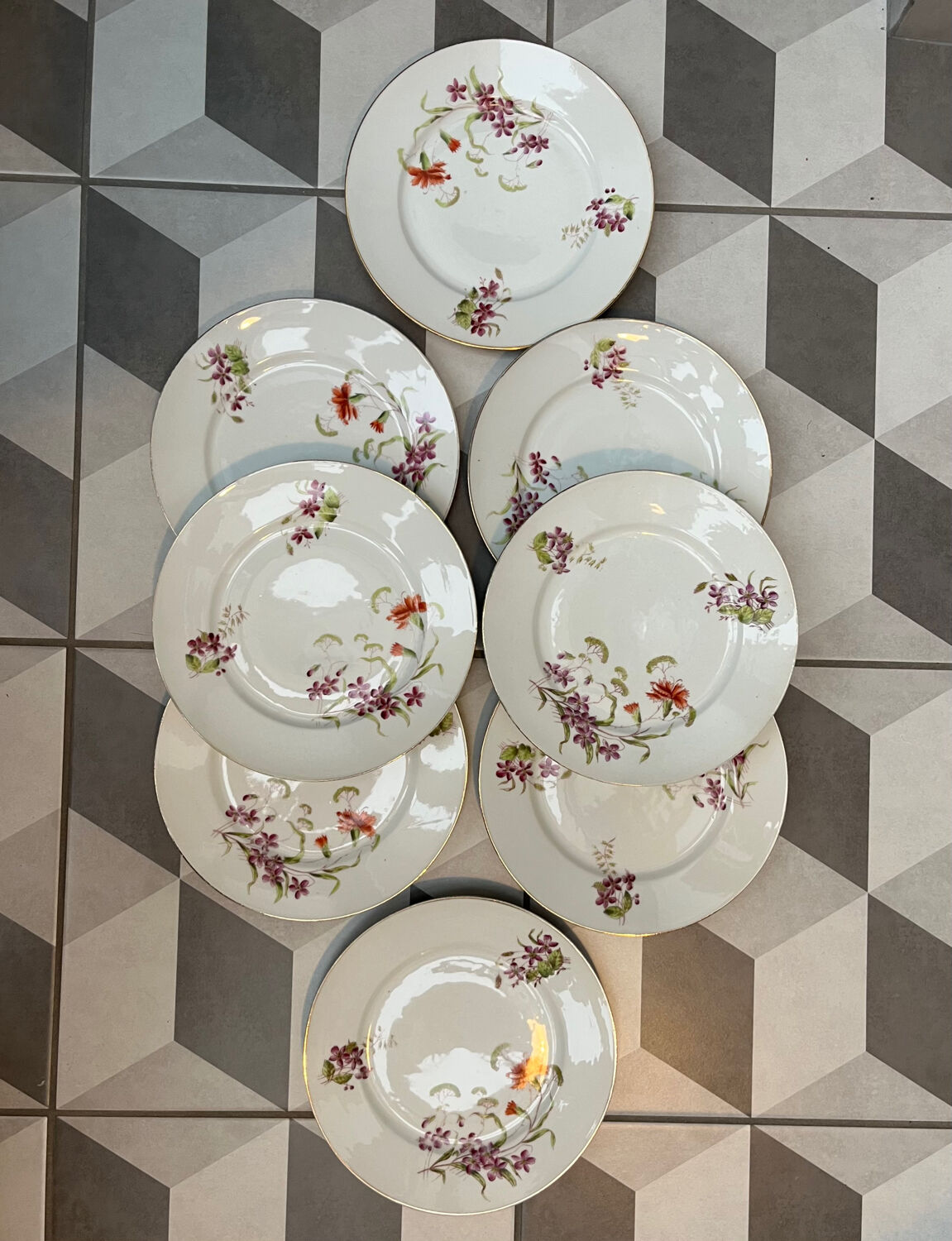 Set of 8 floral porcelain plates from the late 19th century.