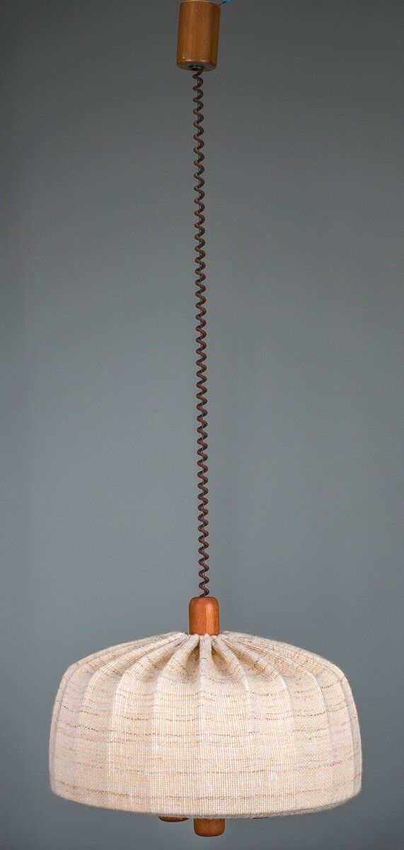 Scandinavian modern adjustable teak & wool pendant lamp from Domus, 1960s