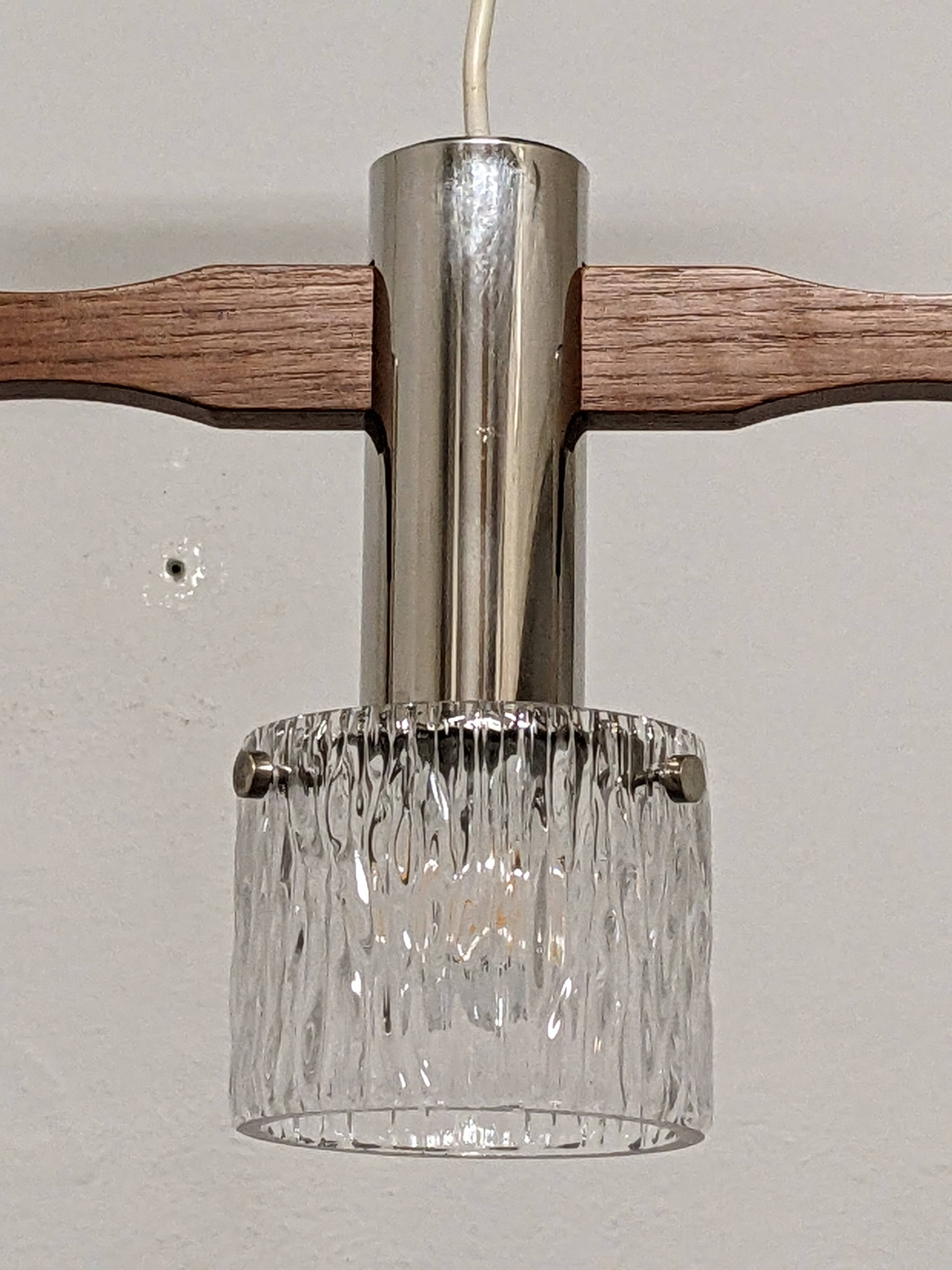 Scandinavian chandelier with 3 lights in teak and glass from the 60s/70s