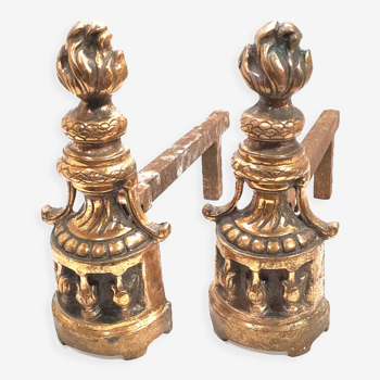 Pair of chenet in bronze and cast iron column shape