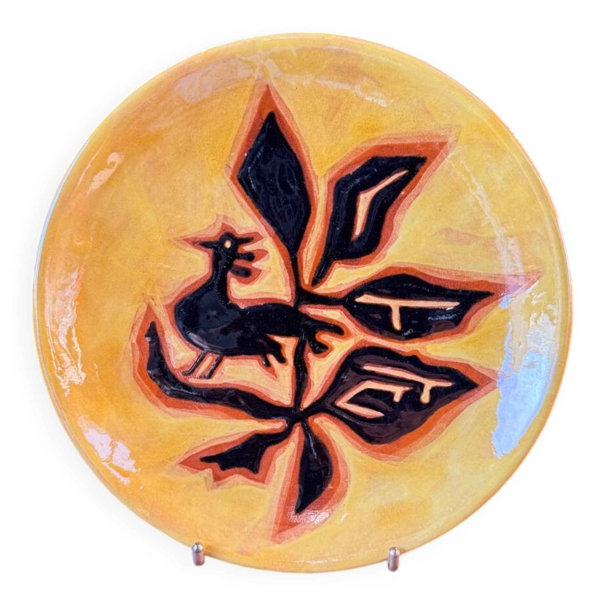 Assiette en terre cuite, Jean Lurçat décorée d'un coq Et Feuillage Fon