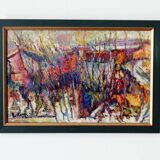 Jacques destoop painting cardboard canvas 1990 "autumn in pouilly en vexin"