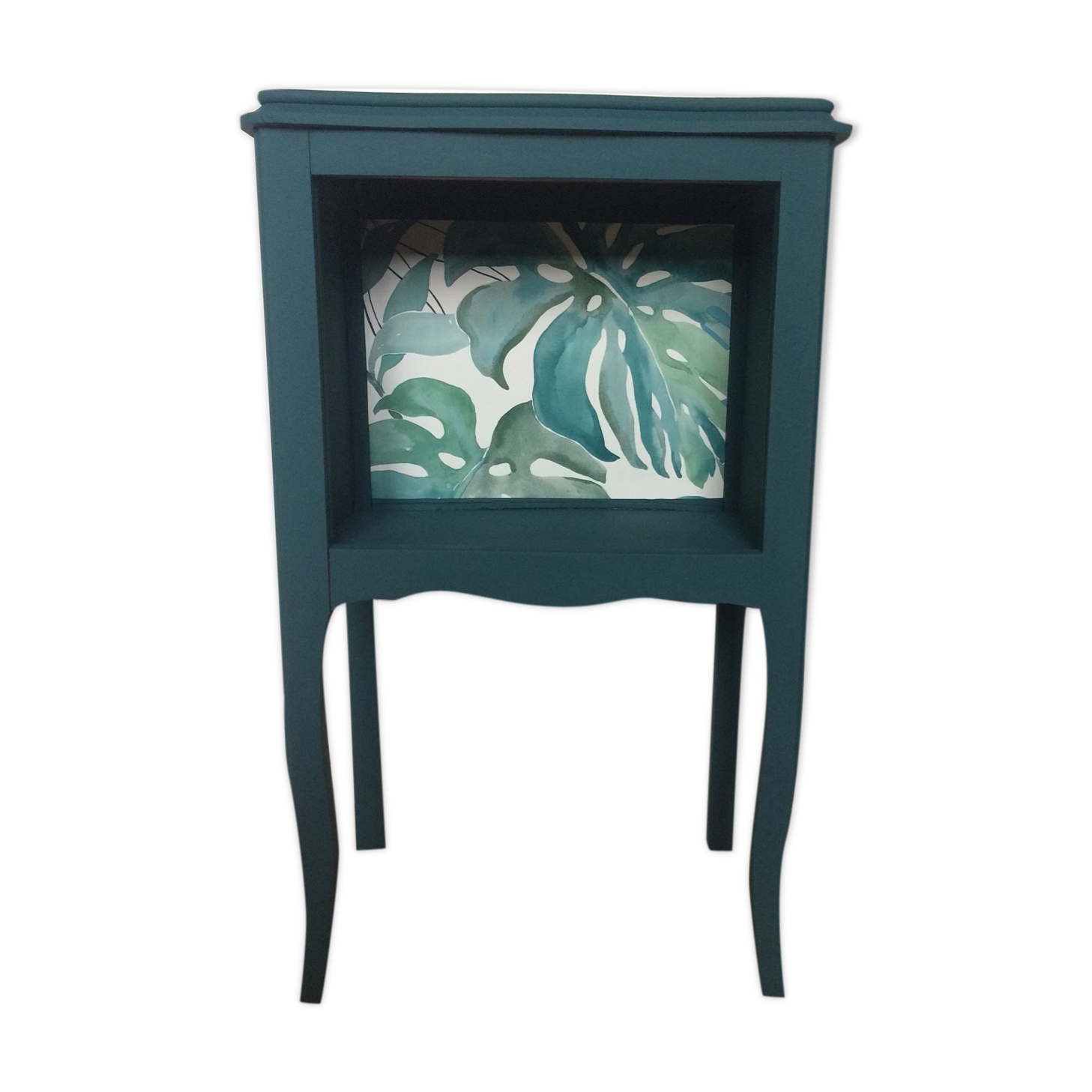Table de chevet console relookée bleu pétrole