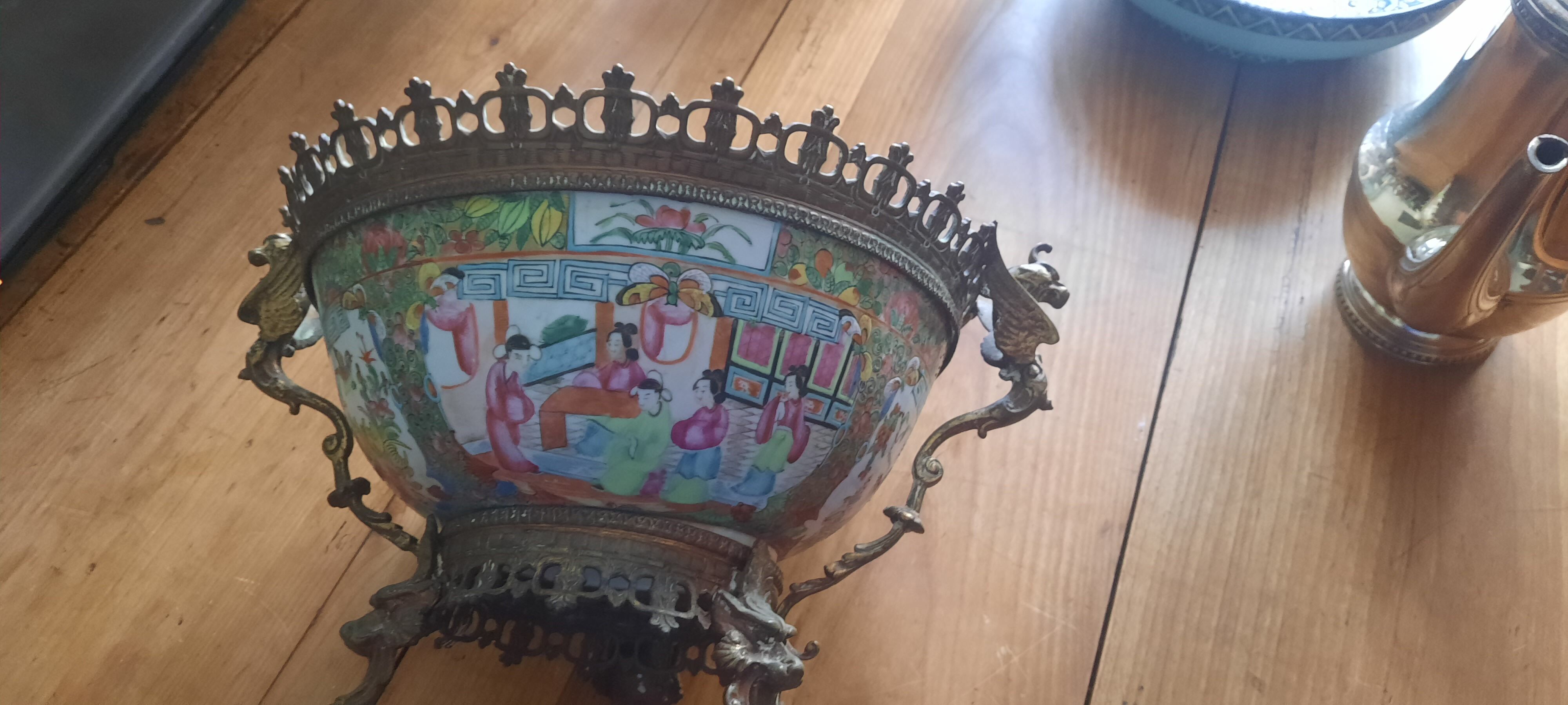 Chinese basin with a bronze frame