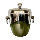 Vintage silver-plated ice bucket with lid and handles.