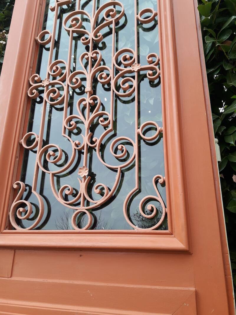 Entrance door 264x99cm old walnut oak wrought iron grille glass panel