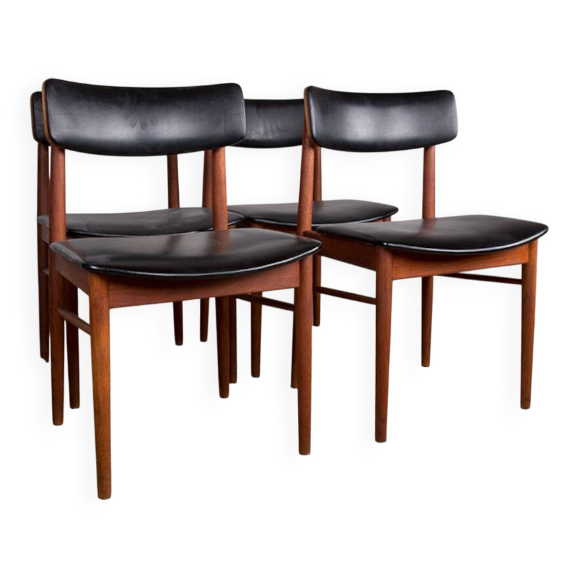 Set of 4 Danish chairs in teak, black skai and brass by Sax 1960.