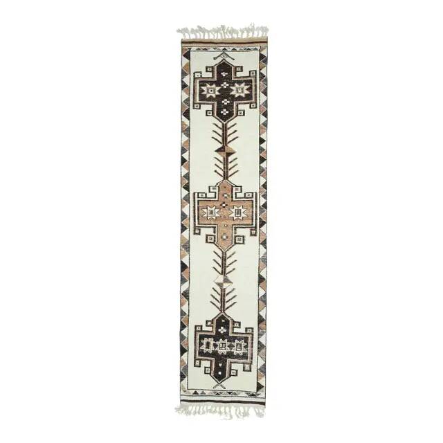 1970s Vintage Turkish Hand-Knotted Wool Cotton White Runner Rug 90x395