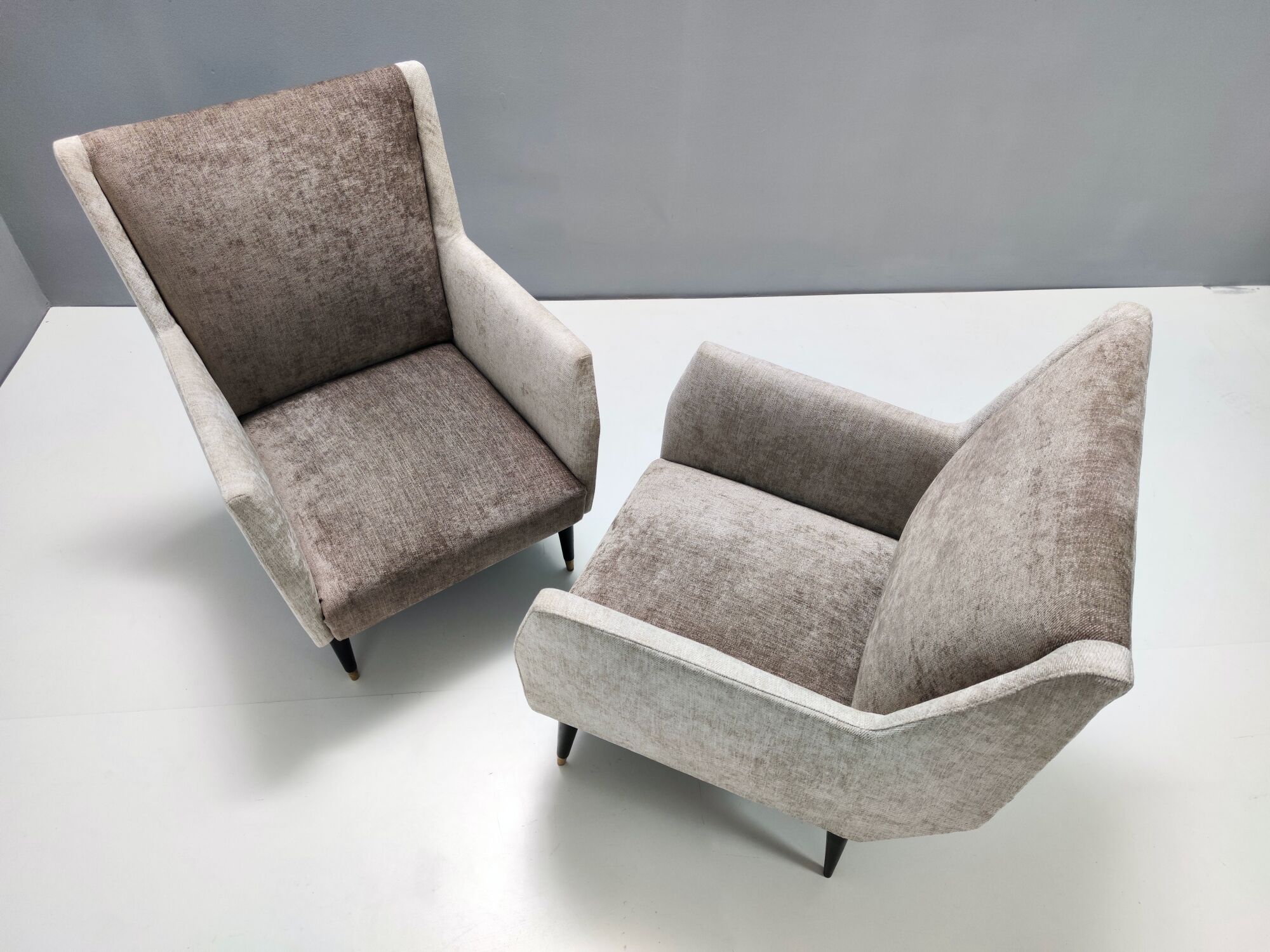 Pair of pearl grey and taupe velvet armchairs, italy