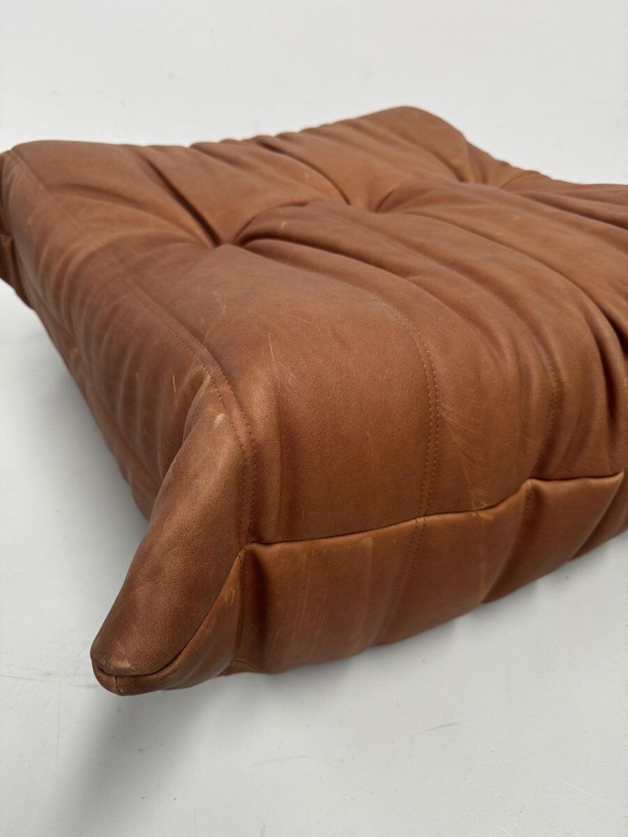 French Togo ottoman in cognac neck leather attributed to Michel Ducaroy for Ligne Roset